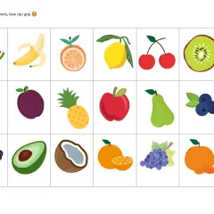Karty pracy z owocami i warzywami do gry memory: arbuz, banan, pomarańcza, cytryna, wiśnie, kiwi, truskawka, śliwka, ananas, jabłko, gruszka, borówki, jeżyna, awokado, kokos, mandarynka, winogrona.