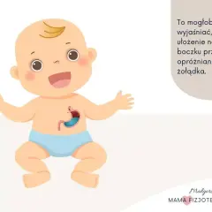 Uśmiechnięty niemowlak z widocznym żołądkiem, ilustracja wyjaśniająca, dlaczego ułożenie na boku pomaga przy refluksie u niemowlaka.