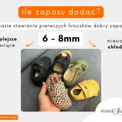 Urocze pierwsze buciki dla dziewczynki. Wskazówka: 6-8mm zapasu na pierwsze kroczki.