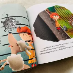 Ilustracje z książki "książki na spostrzegawczość dla dzieci". Julka i pies Szpulka rozmawiają o Chrupku.