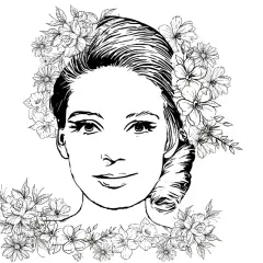 Portret kobiety ozdobiony kwiatami, idealny jako szablon portret wiosny kolorowanka.