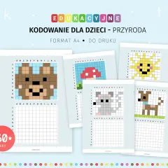Zestaw kart do kodowania do wydruku z motywami przyrodniczymi: miś, grzyb, słońce, myszka, piesek. Idealne do nauki przez zabawę.