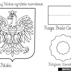 Godło Polski do druku, flaga biało-czerwona i kotylion narodowy. Kolorowanka z symbolami narodowymi.
