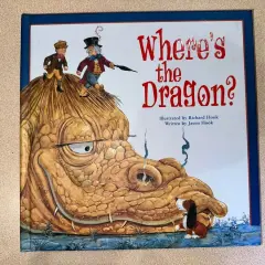 Okładka książki "Where's the Dragon?" z dwoma chłopcami na głowie smoka i psem.