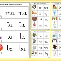 Zestaw kart do nauki czytania: ćwiczenia do druku z wyrazami dwusylabowymi, takimi jak mama, tata, lala, baba, sowa, lis, misa, sumo, kiwi, koza, kawa, koty.