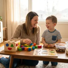 Mama i syn śmieją się, bawiąc kolorowymi klockami i sorterem kształtów. To wspaniałe zabawki stymulujące rozwój dziecka.