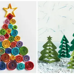Kolorowa choinka 3d z papieru wykonana z kręconych pasków, obok zielone, przestrzenne choinki.