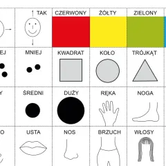 Zestaw kart do druku dla 8 latka: kolory, kształty, liczebność, części ciała i rozmiary.