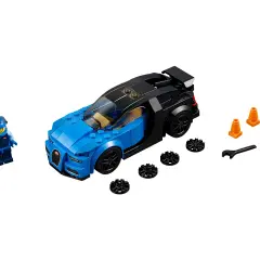 Niebiesko-czarny Bugatti Chiron z zestawu lego 75878, figurka kierowcy i akcesoria do tuningu.