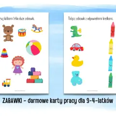 Zabawki - darmowe karty pracy dla 3-4-latków: obrysuj duże zabawki i połącz je z kredkami.