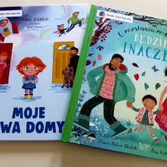 Dwie okładki książek o rozwodzie dla dzieci: "Moje dwa domy" i "O rozstaniu rodziców będzie inaczej".