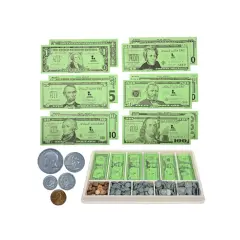 Zestaw pieniędzy do druku: banknoty 1, 5, 10, 20, 50, 100 dolarów oraz monety w tacy.