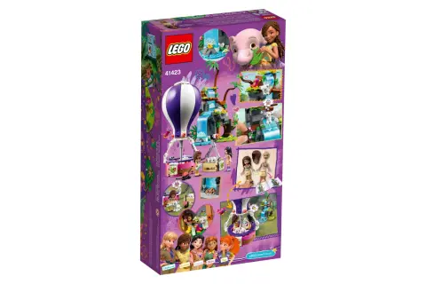 Zestaw lego 41423: dziewczyny ratują słonika i kotki w dżungli, podróżując balonem i odkrywając wodospady.