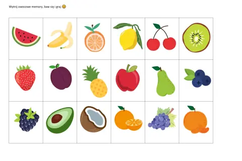 Karty pracy z owocami i warzywami do gry memory: arbuz, banan, pomarańcza, cytryna, wiśnie, kiwi, truskawka, śliwka, ananas, jabłko, gruszka, borówki, jeżyna, awokado, kokos, mandarynka, winogrona.
