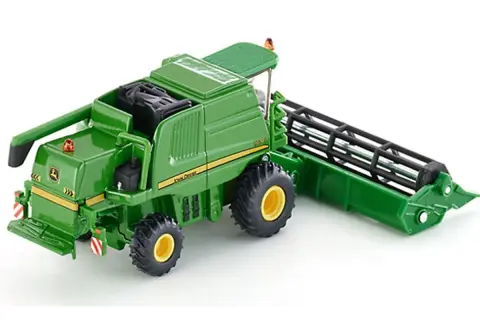 Zielony kombajn John Deere, model siku, gotowy do żniw.