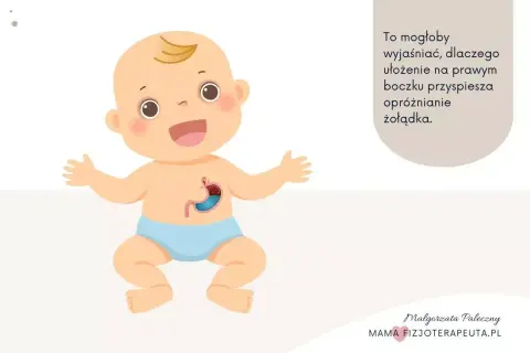 Uśmiechnięty niemowlak z widocznym żołądkiem, ilustracja wyjaśniająca, dlaczego ułożenie na boku pomaga przy refluksie u niemowlaka.