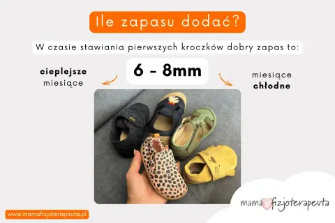 Urocze pierwsze buciki dla dziewczynki. Wskazówka: 6-8mm zapasu na pierwsze kroczki.