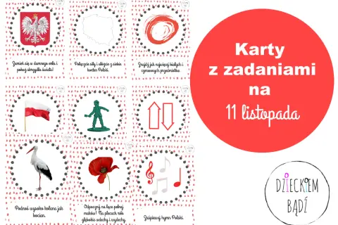 Karty pracy 11 listopada: orzeł, mapa Polski, żołnierz, bocian, mak, nuty. Zadania dla dzieci.