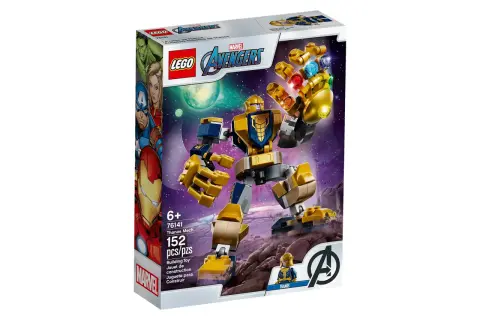 Zestaw LEGO 76141: Thanos Mech z Rękawicą Nieskończoności, gotowy do walki z Avengersami.