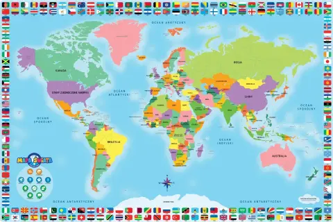 Kolorowa mapa świata z nazwami krajów i oceanów. Po bokach flagi państw. To mapa interaktywna Dumel, idealna do nauki geografii.