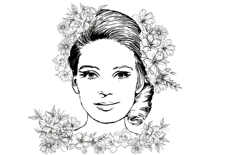 Portret kobiety ozdobiony kwiatami, idealny jako szablon portret wiosny kolorowanka.