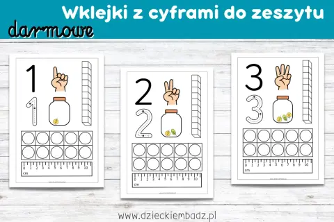 Darmowe karty pracy zadania dla 6 latka do druku: cyfry 1, 2, 3 z elementami do nauki liczenia.