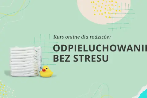 Kurs online "Odpluchowanie bez stresu" pomoże Ci nauczyć dziecko korzystać z nocnika. Stos pieluch i gumowa kaczuszka symbolizują ten etap.