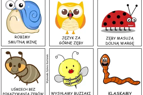 Zestaw logopedyczne prztyczki: ślimak robi smutną minę, sowa pokazuje język za górne zęby, biedronka masuje zęby dolną wargę, mrówka uśmiecha się bez pokazywania zębów, pszczoła wysyła buziaki, dżdżownica klaszcze.