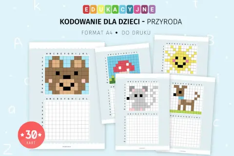 Zestaw kart do kodowania do wydruku z motywami przyrodniczymi: miś, grzyb, słońce, myszka, piesek. Idealne do nauki przez zabawę.