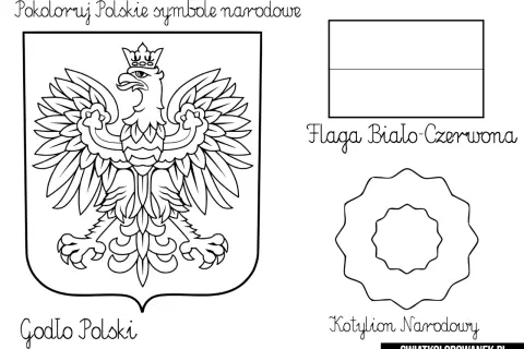 Godło Polski do druku, flaga biało-czerwona i kotylion narodowy. Kolorowanka z symbolami narodowymi.