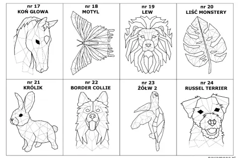 Konie, motyle, lwy, liście monstery, króliki, psy i żółwie – geometryczne string art szablony do tworzenia.