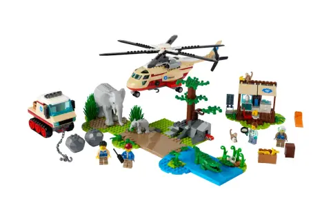 Zestaw lego 60302: ratownicy pomagają słoniom i krokodylom. Helikopter, terenówka i zwierzęta.