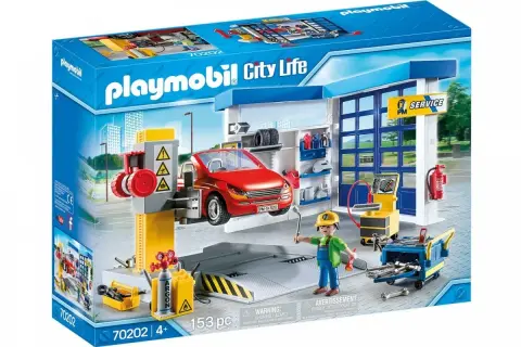 Zestaw Playmobil warsztat samochodowy z czerwonym autem na podnośniku, mechanikiem i narzędziami.