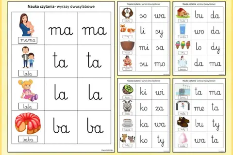 Zestaw kart do nauki czytania: ćwiczenia do druku z wyrazami dwusylabowymi, takimi jak mama, tata, lala, baba, sowa, lis, misa, sumo, kiwi, koza, kawa, koty.