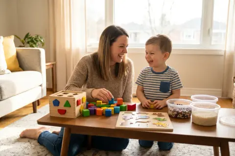 Mama i syn śmieją się, bawiąc kolorowymi klockami i sorterem kształtów. To wspaniałe zabawki stymulujące rozwój dziecka.