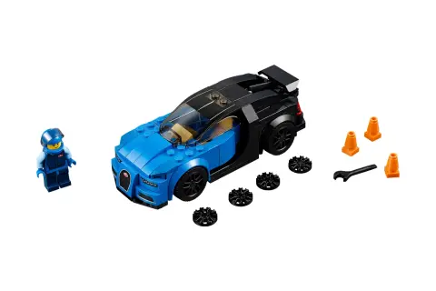 Niebiesko-czarny Bugatti Chiron z zestawu lego 75878, figurka kierowcy i akcesoria do tuningu.