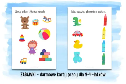Zabawki - darmowe karty pracy dla 3-4-latków: obrysuj duże zabawki i połącz je z kredkami.