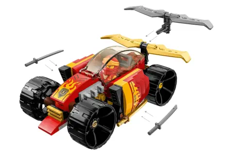 Czerwono-złoty pojazd z kółkami i minifigurką ninja. Zestaw lego 71780 zawiera miecze i element przypominający skrzydła.