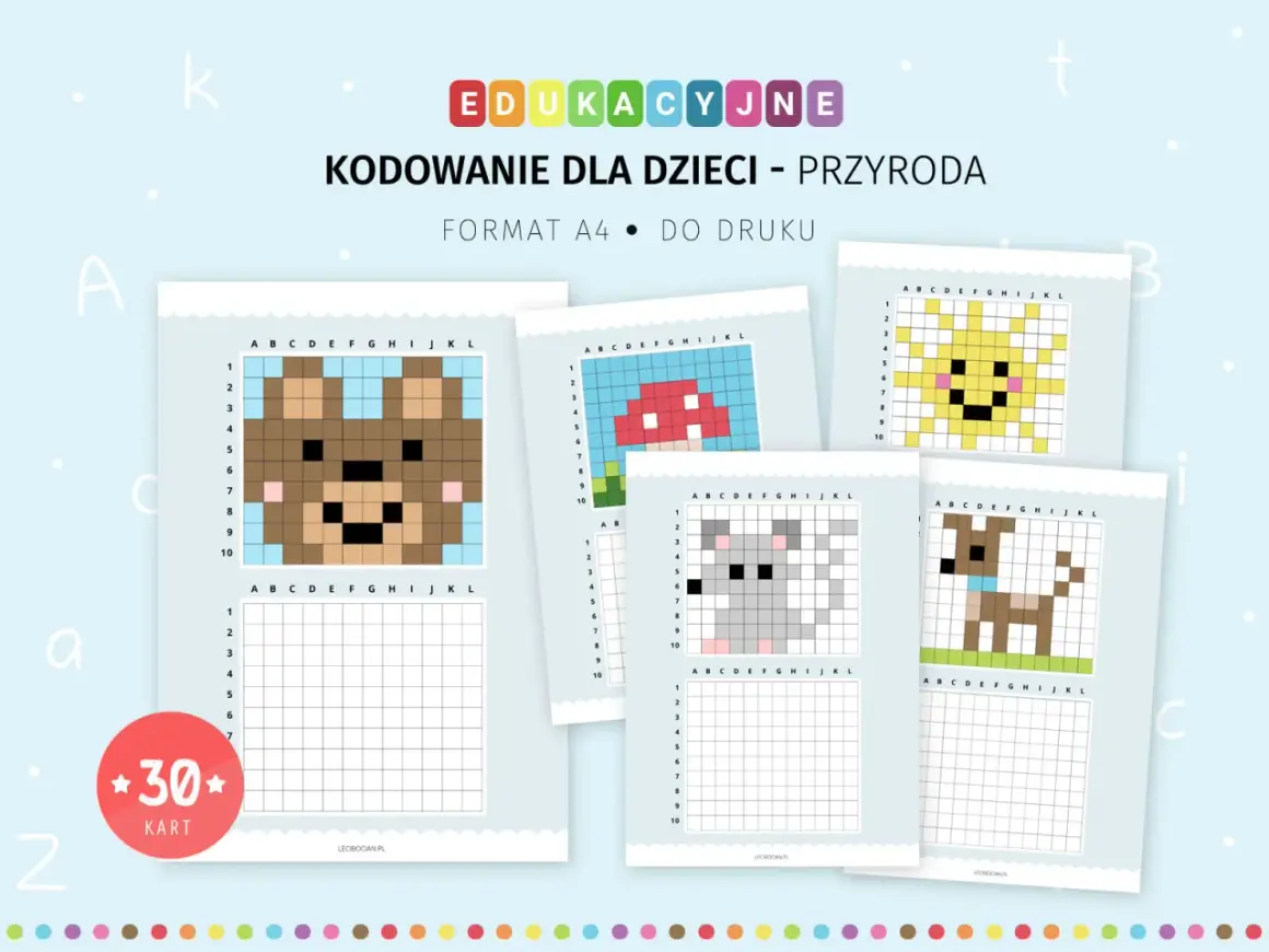 Zestaw kart do kodowania do wydruku z motywami przyrodniczymi: miś, grzyb, słońce, myszka, piesek. Idealne do nauki przez zabawę.