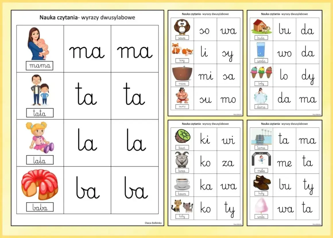 Zestaw kart do nauki czytania: ćwiczenia do druku z wyrazami dwusylabowymi, takimi jak mama, tata, lala, baba, sowa, lis, misa, sumo, kiwi, koza, kawa, koty.