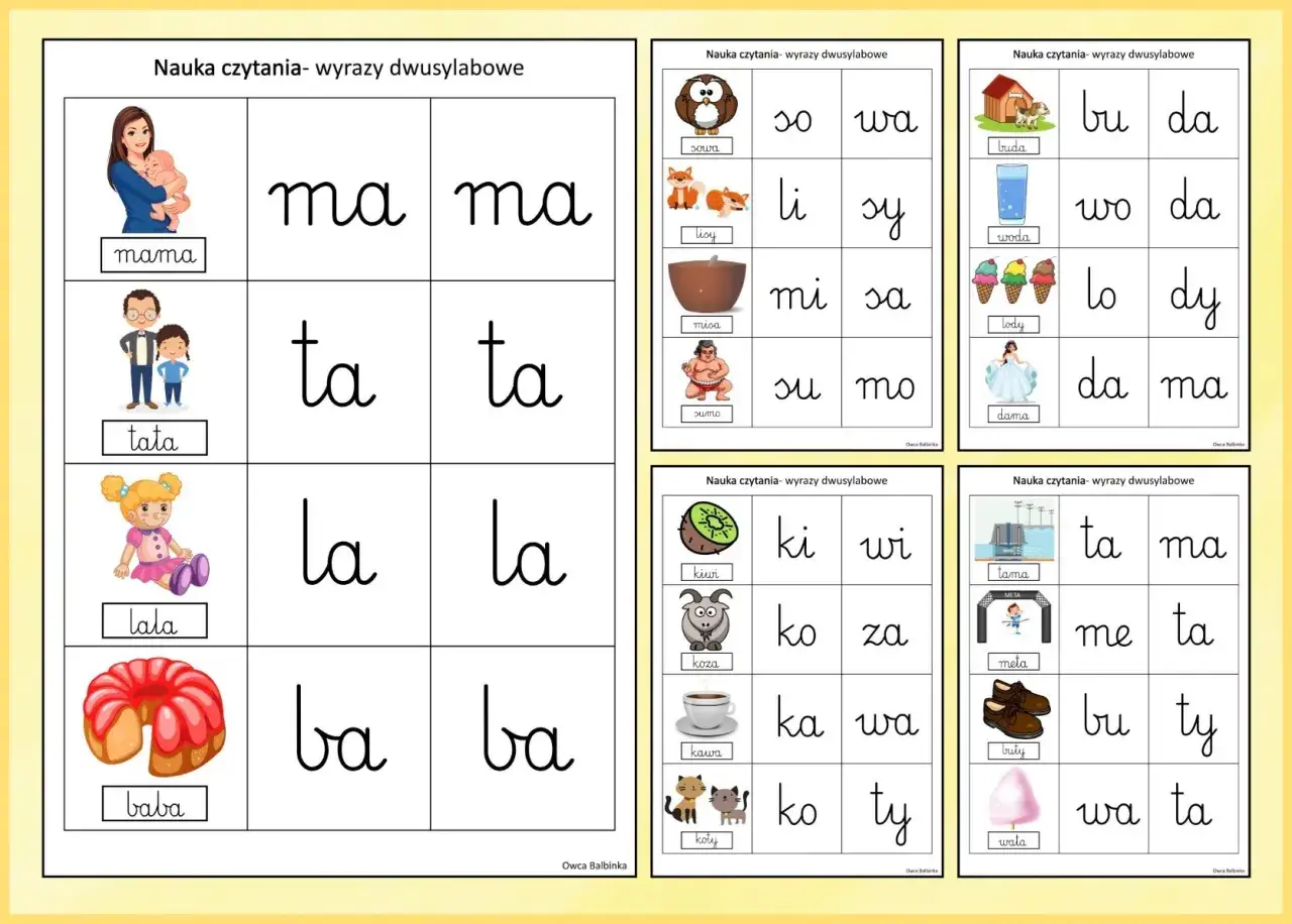 Zestaw kart do nauki czytania: ćwiczenia do druku z wyrazami dwusylabowymi, takimi jak mama, tata, lala, baba.