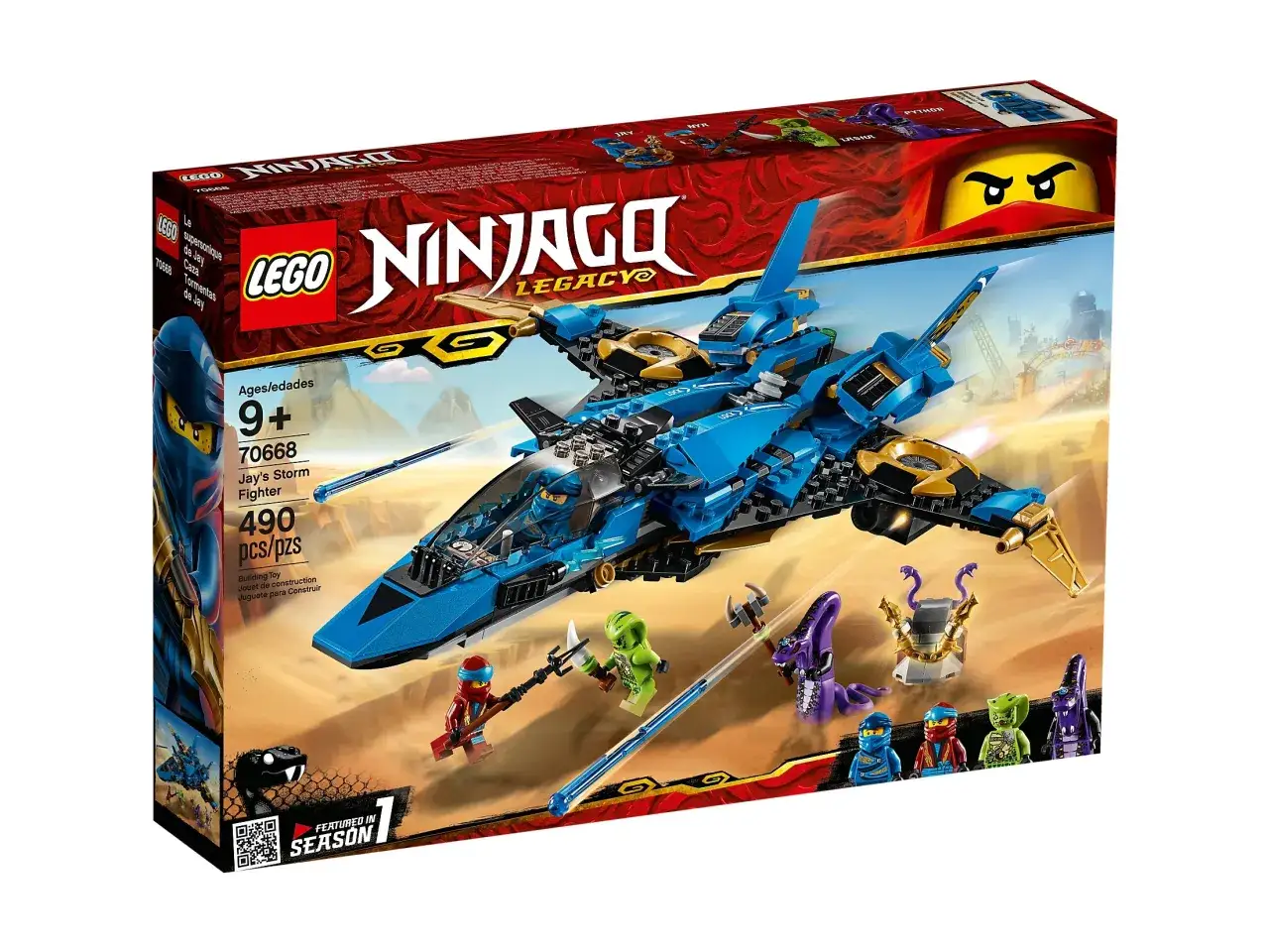 Zestaw LEGO 9442: Niebieski myśliwiec Burzy Jaya z postaciami ninja i złoczyńcami, gotowy do walki w pustynnym krajobrazie.